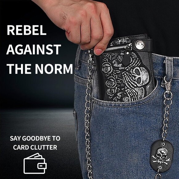 Skull Leather Wallet Gothic Chain Design with Studded Edge - Picture 5 of 7